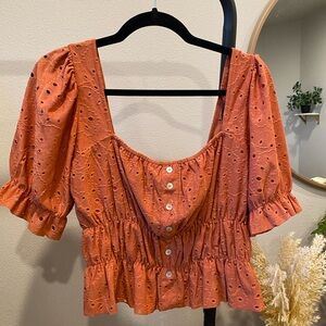 Forever 21 Orange Puff Sleeve Cropped Blouse
